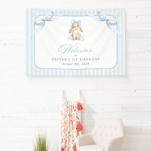 Bunny, Bow, Blue Stripes, First Birthday Welcome Banner