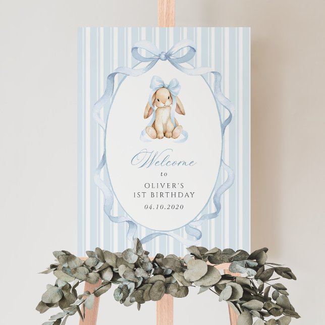 Bunny, Bow, Blue Stripes, First Birthday Welcome Poster (Creator Uploaded)