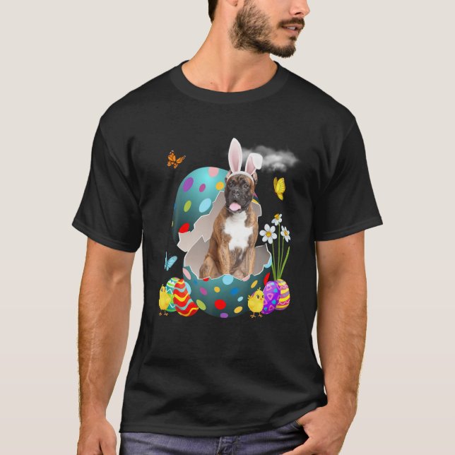 Bunny Boxer Dog Happy Easter Eggs T-Shirt (Front)