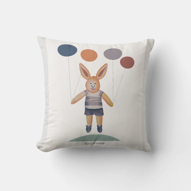 Bunny boy lifted up by balloons kids room cushion (Front)