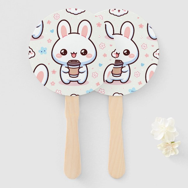 Bunny Brew Pattern Hand Fan (Front and Back)