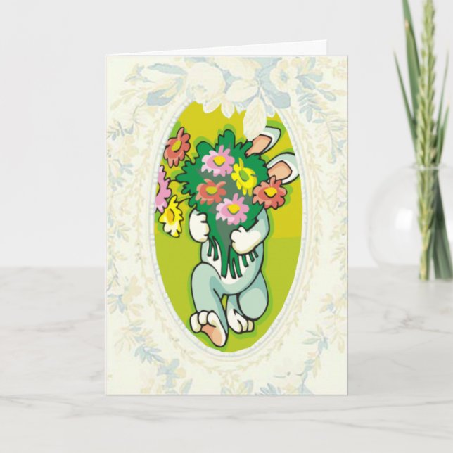 Bunny Bringing Bouquet Of Flowers Easter Card (Front)