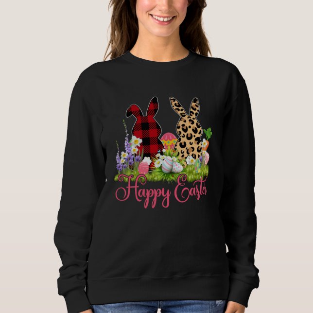 Bunny Buffalo Red Plaid Leopard Print Happy Easter Sweatshirt (Front)