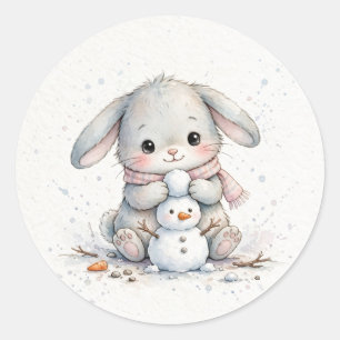 Bunny Building a Snowman Christmas Classic Round Sticker