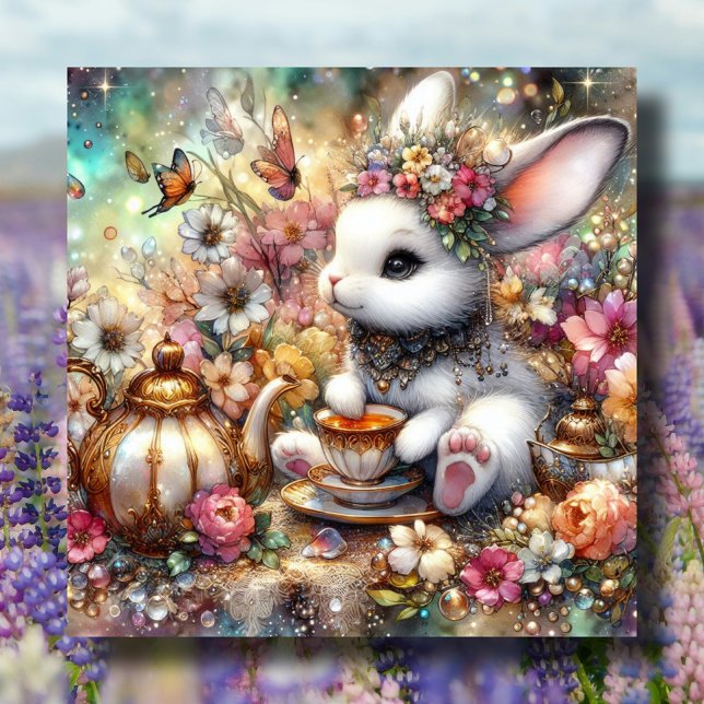 Bunny Butterflies Pastel Watercolor Easter Tea  Holiday Card (Creator Uploaded)