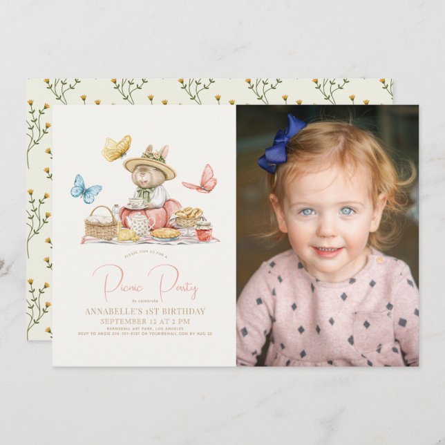 Bunny & Butterflies Picnic Girl 1st Birthday Photo Invitation (Front/Back)