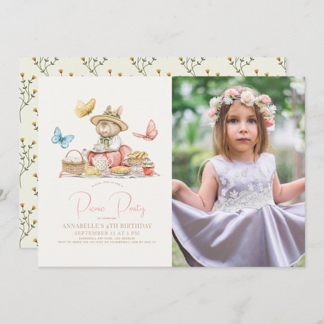 Bunny & Butterflies Picnic Tea Party Birthday Phot Invitation (Front/Back)