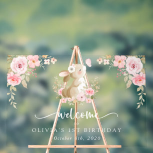 Bunny, Butterfly, Flowers, First Birthday Welcome Acrylic Sign