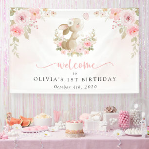 Bunny, Butterfly, Flowers, First Birthday Welcome Banner