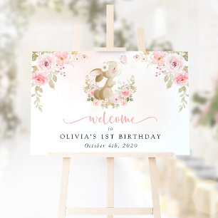 Bunny, Butterfly, Flowers, First Birthday Welcome Poster