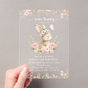 Bunny, Butterfly, Pink Flowers, First Birthday Acrylic Invitations
