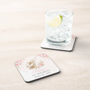 Bunny, Butterfly, Pink Flowers, First Birthday Coaster