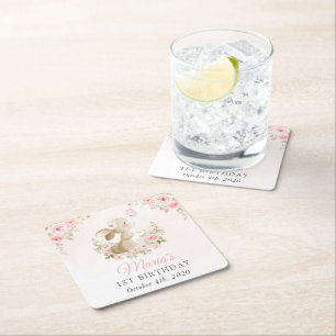 Bunny, Butterfly, Pink Flowers, First Birthday Square Paper Coaster