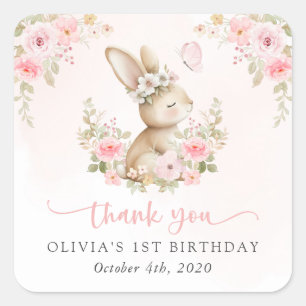 Bunny, Butterfly, Pink Flowers, First Birthday Square Sticker