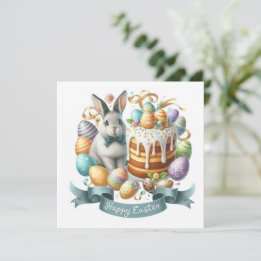 Bunny Cake Eggs Happy Easter Illustration  Holiday Card