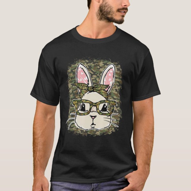 Bunny Camou Flage Wearing Glasses Happy Easter Day T-Shirt (Front)