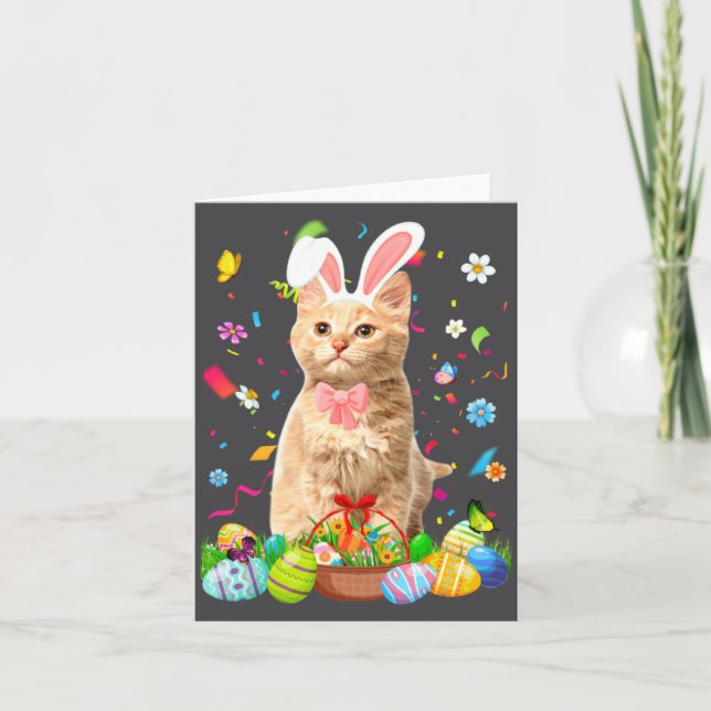Bunny Cat Easter Egg Basket Illustration Card (Front)