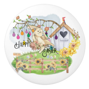 Bunny Celebrates Easter Day Ceramic Knob