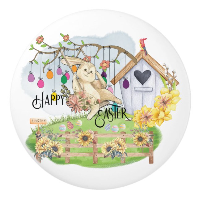 Bunny Celebrates Easter Day Ceramic Knob (Front)