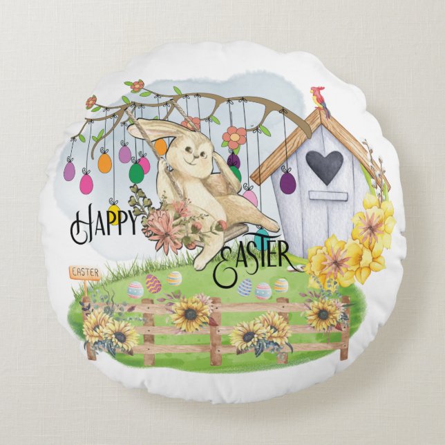 Bunny Celebrates Easter Day Round Cushion (Front)