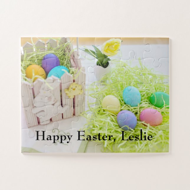 Bunny & chick figures on basket with Easter eggs, Jigsaw Puzzle (Horizontal)