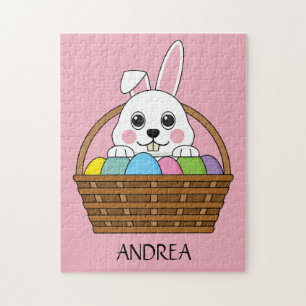 Bunny Colorful Easter EggHunt Basket   Personalize Jigsaw Puzzle
