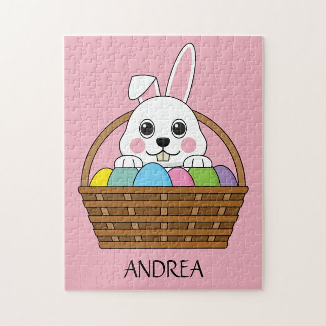 Bunny Colourful Easter EggHunt Basket | Personalis Jigsaw Puzzle (Vertical)