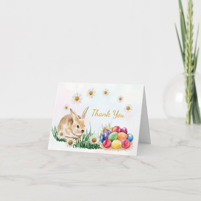 Bunny, colourful eggs, daisy Easter Thank You Holiday Card (Front)