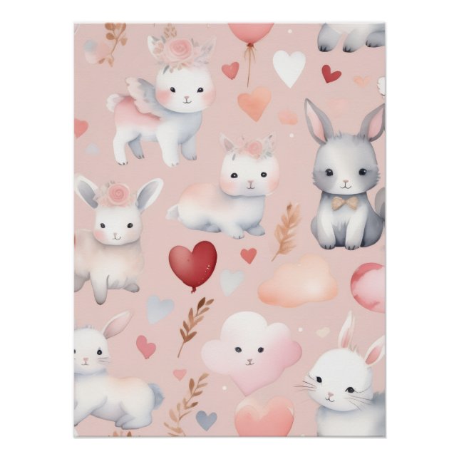 Bunny Cupid Nursery Art – Watercolor Blush Pink Poster (Front)