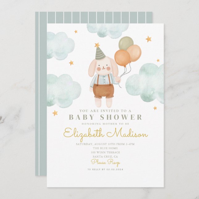 Bunny Cute Pink & Baloons Cloud Baby Shower  Invitation (Front/Back)