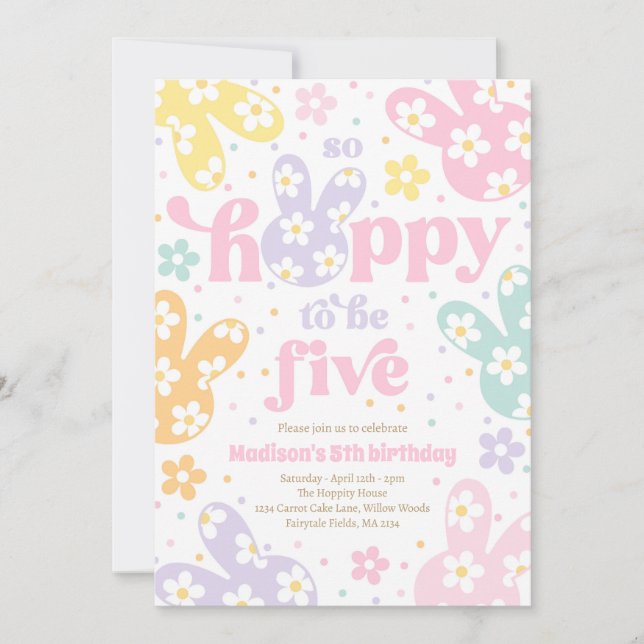 Bunny Daisy Floral Pastel Spring 5th Birthday Invitation (Front)
