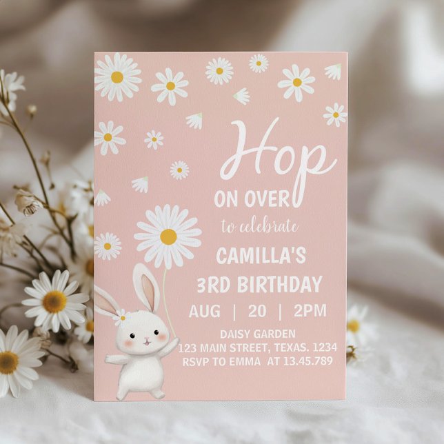 Bunny Daisy Pink Girl Birthday Party Invitation (Creator Uploaded)