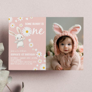 Bunny Daisy Pink Girl Birthday Photo Invitation