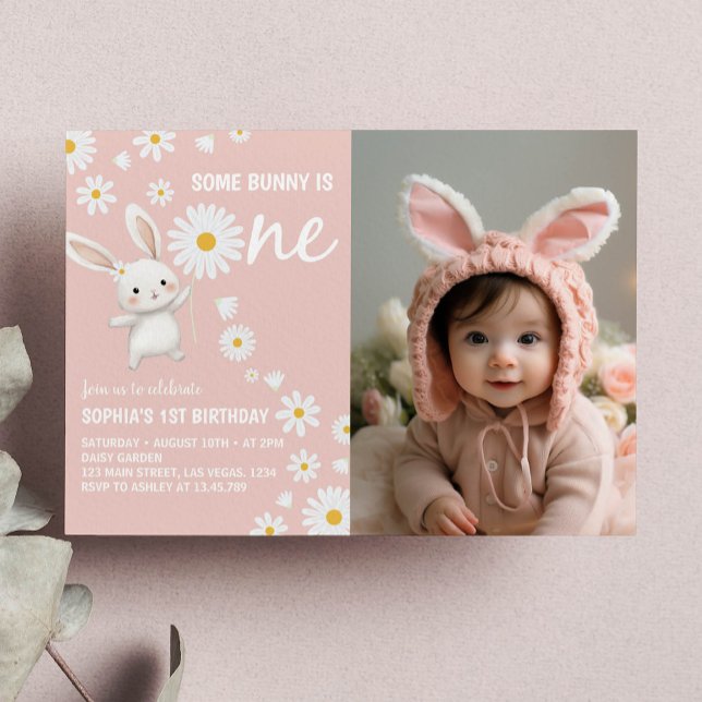 Bunny Daisy Pink Girl Birthday Photo Invitation (Creator Uploaded)