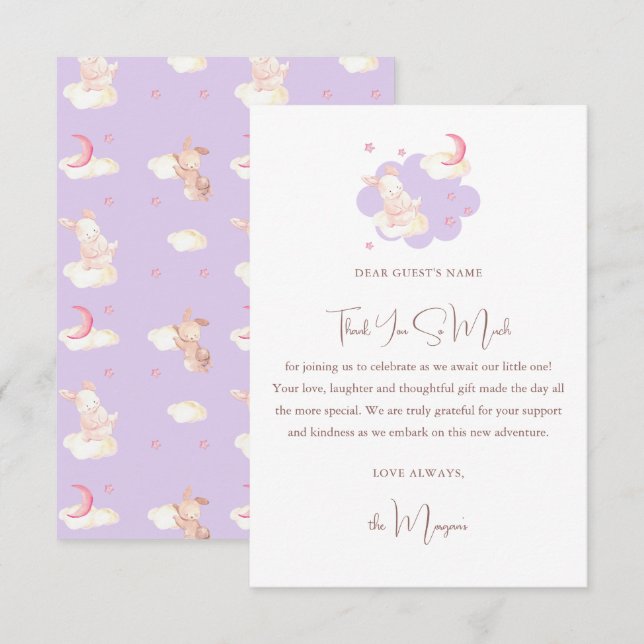 Bunny Dreams Purple Baby Shower Thank You Card (Front/Back)