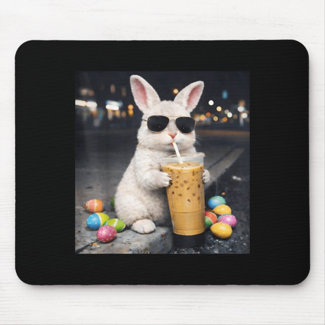 Bunny Drinking Iced Coffee Funny Easter Egg Rabbit Mouse Pad (Front)