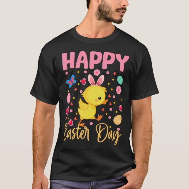 Bunny Duck Colourful Eggs Hunting Happy Easter Day T-Shirt (Front)