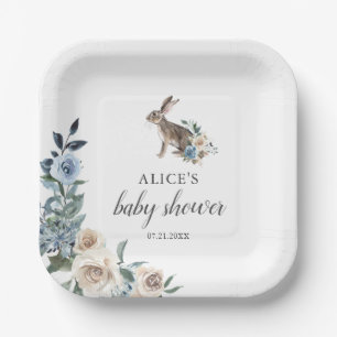 Bunny Dusty Blue Beige Flowers Baby Shower Paper Plate