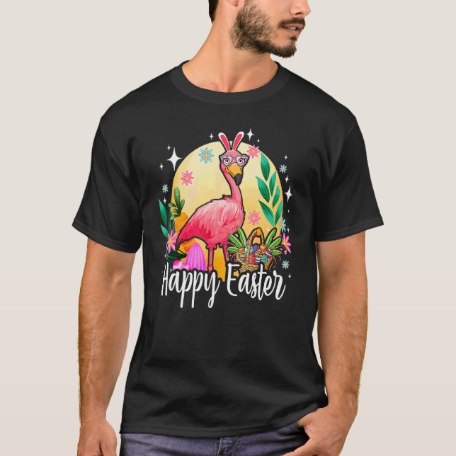Bunny Ear Flamingo with Easter Egg Basket Happy Ea T-Shirt (Front)
