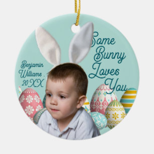 Bunny Ears Boy Photo Customise Blue Ceramic Ornament