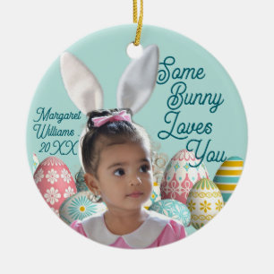 Bunny Ears Girl Photo Customise Blue Ceramic Ornament