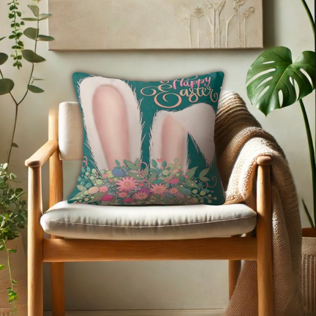 Bunny Ears Pretty Floral Happy Easter Cushion (Creator Uploaded)