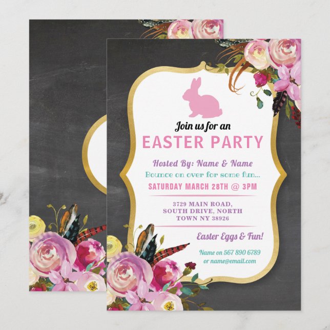 Bunny Easter Party Egg Hunt Invitation Florals (Front/Back)