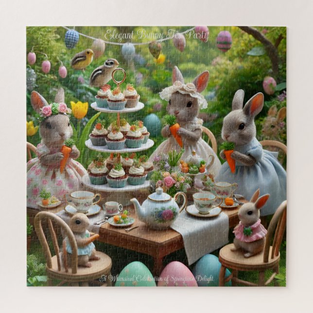 Bunny Easter Tea Party, Elegant Spring Animals Jigsaw Puzzle (Vertical)