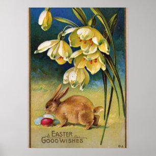 Bunny, Eggs, and Snowdrops, vintage 1910 Poster