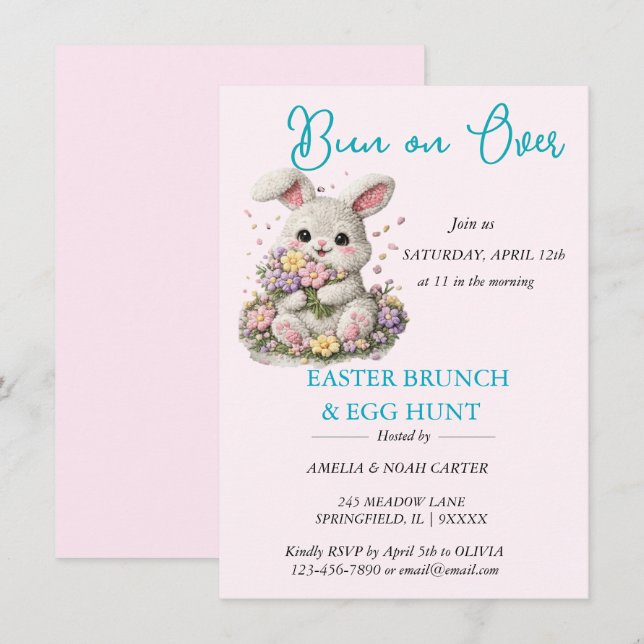 Bunny embroidered Easter BRUNCH & HUNT Invitation (Front/Back)