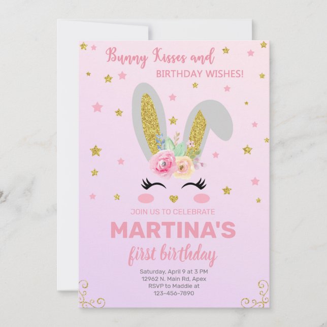 Bunny face girl birthday invitation, invite. invitation (Front)