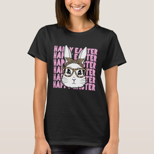 Bunny Face Glasses Leopard Happy Easter Bunny Wome T-Shirt (Front)