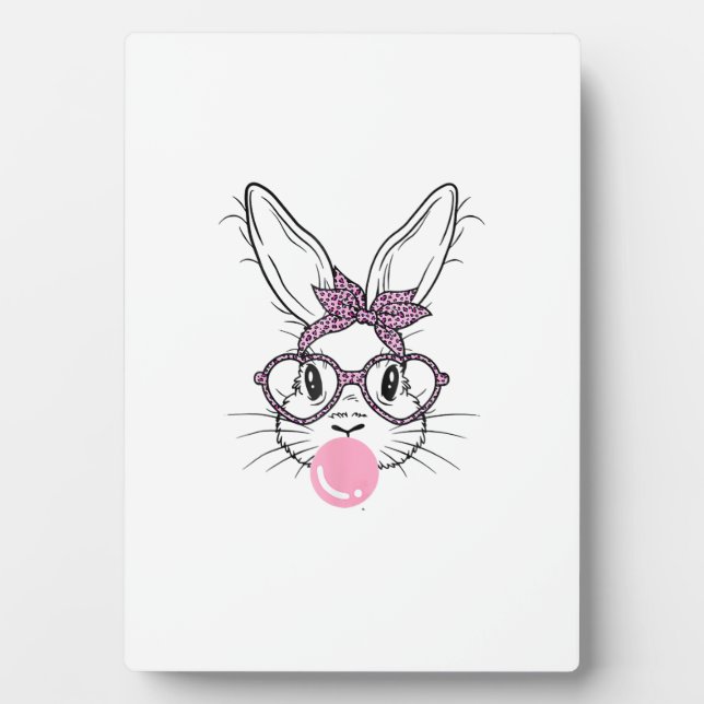 Bunny Face Leopard Glasses Bubble Gum Easter Day G Plaque (Front)