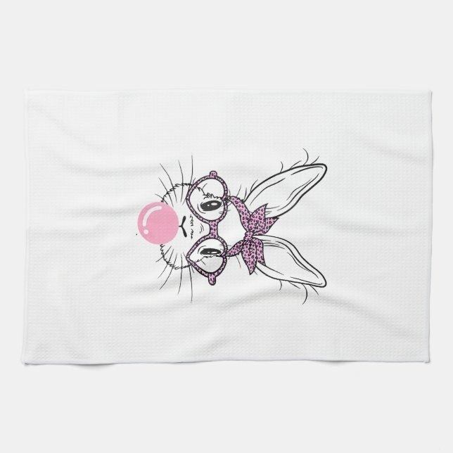 Bunny Face Leopard Glasses Bubble Gum Easter Day G Tea Towel (Horizontal)